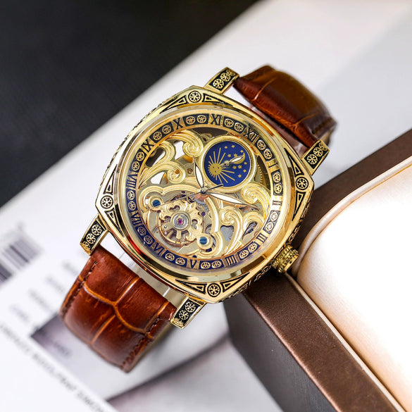 Fully Automatic Mechanical Men's Watch With Hollowedout Transparent Back Luminous Moon Phase Genuine Leather Strap Alloy Case And Mineral Reinforced Glass Mirror