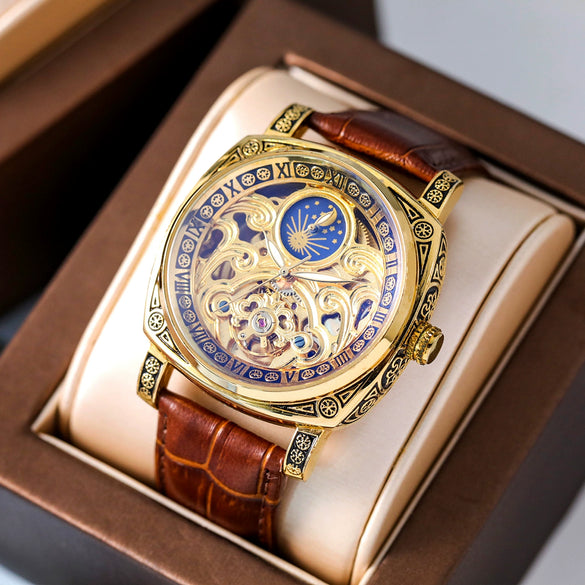 Fully Automatic Mechanical Men's Watch With Hollowedout Transparent Back Luminous Moon Phase Genuine Leather Strap Alloy Case And Mineral Reinforced Glass Mirror