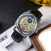 Fully Automatic Mechanical Men's Watch With Hollowedout Transparent Back Luminous Moon Phase Genuine Leather Strap Alloy Case And Mineral Reinforced Glass Mirror