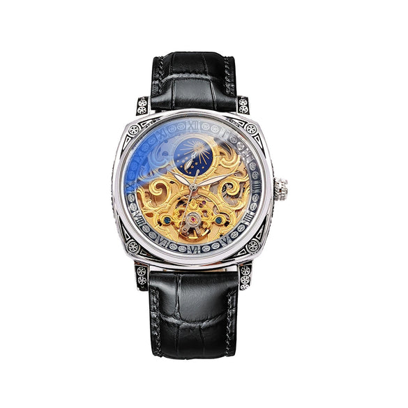 Fully Automatic Mechanical Men's Watch With Hollowedout Transparent Back Luminous Moon Phase Genuine Leather Strap Alloy Case And Mineral Reinforced Glass Mirror