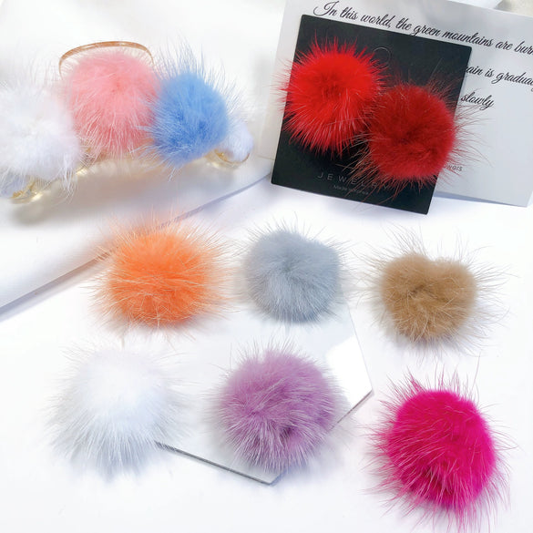 Fur Ball Earrings And Hair Accessories Fabric Material Cartoon Style