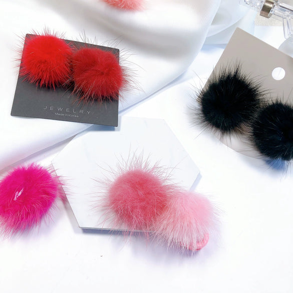 Fur Ball Earrings And Hair Accessories Fabric Material Cartoon Style