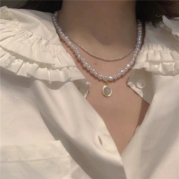 Galaxy Style Women's Freshwater Pearl And Alloy Pendant Necklace With Verbal Chain
