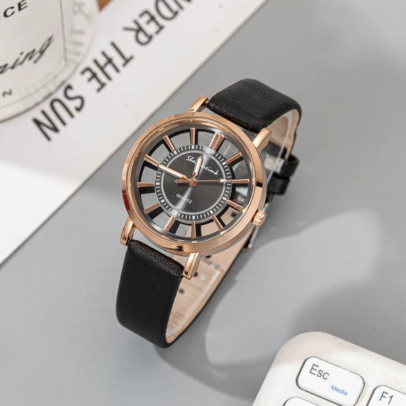 Gear Belt Watch Alloy Case Imitation Leather Strap Stainless Steel Buckle Round Dial Leisure Style