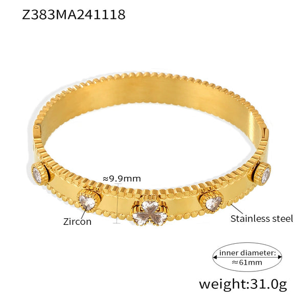 Gear Buckle Heart Zircon Czech Glass Stainless Steel Women's Bracelet Plated With 18K Real Gold Colorpreserving Electroplated