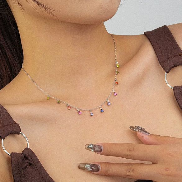 Gem Necklace 925 Sterling Silver Drop Shape Tassel Retro Style