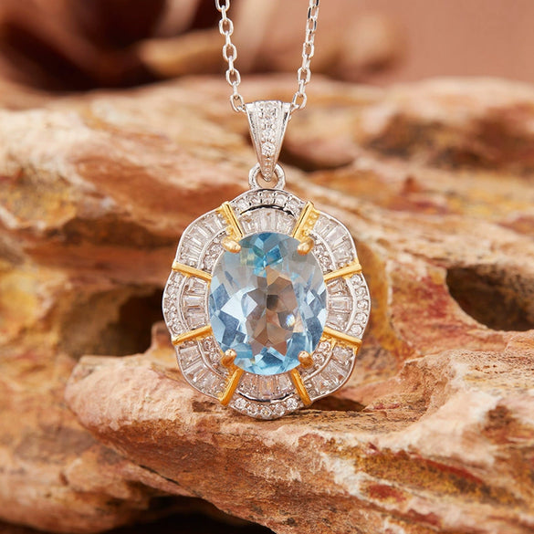 Gemstone Jewelry Pendant Necklace For Women S925 Sterling Silver Flower Pattern Set With Crystals