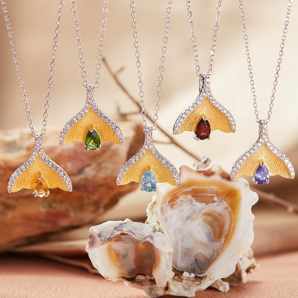 Gemstone Set Women's Pendant Necklace With Fishtail Design In S925 Sterling Silver