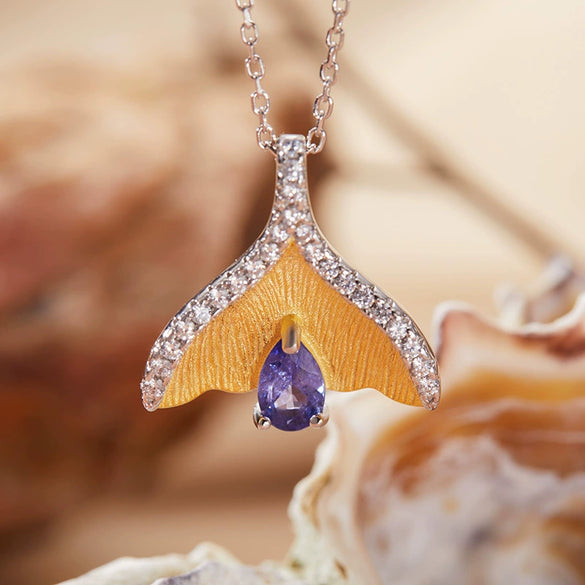 Gemstone Set Women's Pendant Necklace With Fishtail Design In S925 Sterling Silver