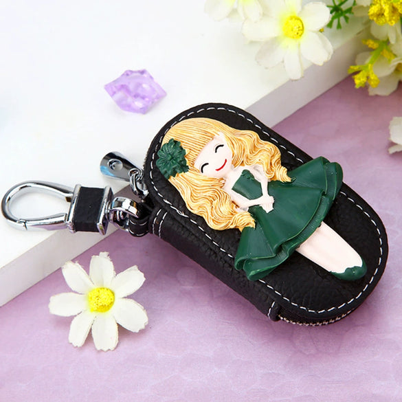 Genuine Leather Cute Cartoon Cat Keychain For Ladies With Solid Color Design