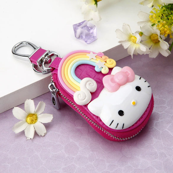 Genuine Leather Cute Cartoon Cat Keychain For Ladies With Solid Color Design