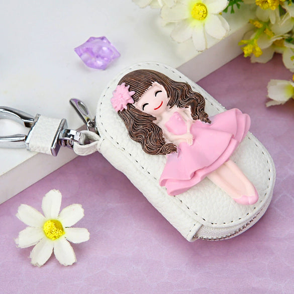 Genuine Leather Cute Cartoon Cat Keychain For Ladies With Solid Color Design