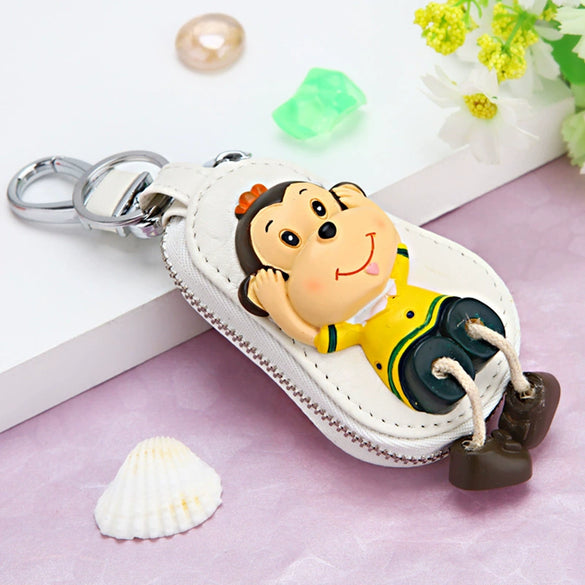 Genuine Leather Cute Cartoon Cat Keychain For Ladies With Solid Color Design