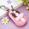Genuine Leather Cute Cartoon Cat Keychain For Ladies With Solid Color Design