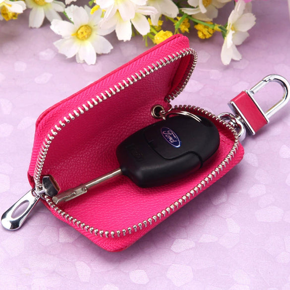 Genuine Leather Cute Cartoon Cat Keychain For Ladies With Solid Color Design
