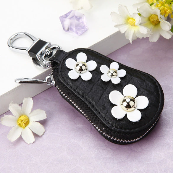 Genuine Leather Cute Cartoon Cat Keychain For Ladies With Solid Color Design