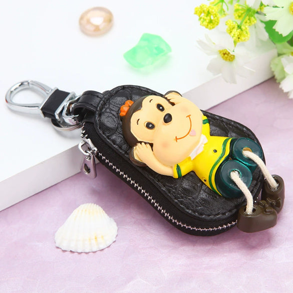 Genuine Leather Cute Cartoon Cat Keychain For Ladies With Solid Color Design
