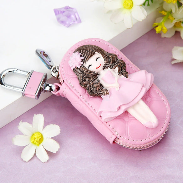 Genuine Leather Cute Cartoon Cat Keychain For Ladies With Solid Color Design