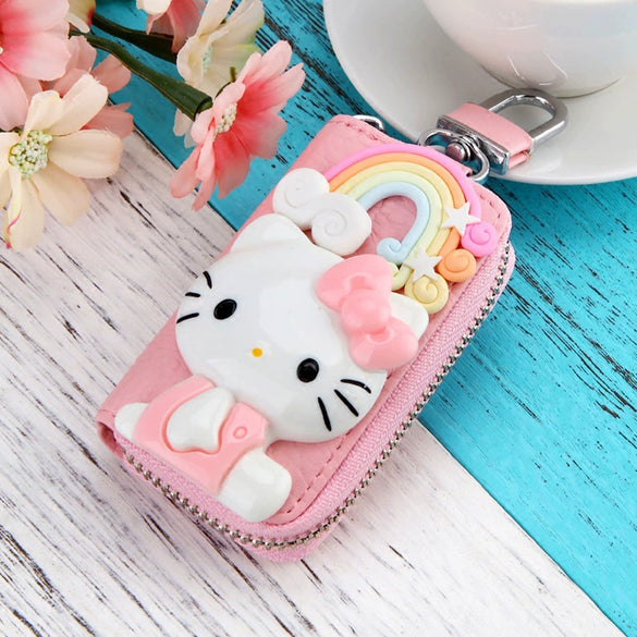 Genuine Leather Cute Cartoon Cat Keychain For Ladies With Solid Color Design
