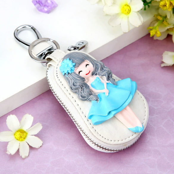Genuine Leather Cute Cartoon Cat Keychain For Ladies With Solid Color Design