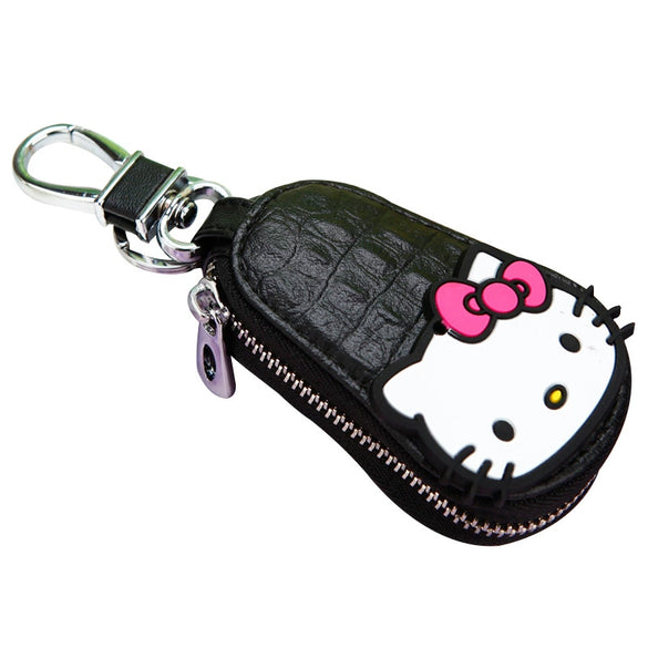 Genuine Leather Cute Cartoon Cat Keychain For Ladies With Solid Color Design