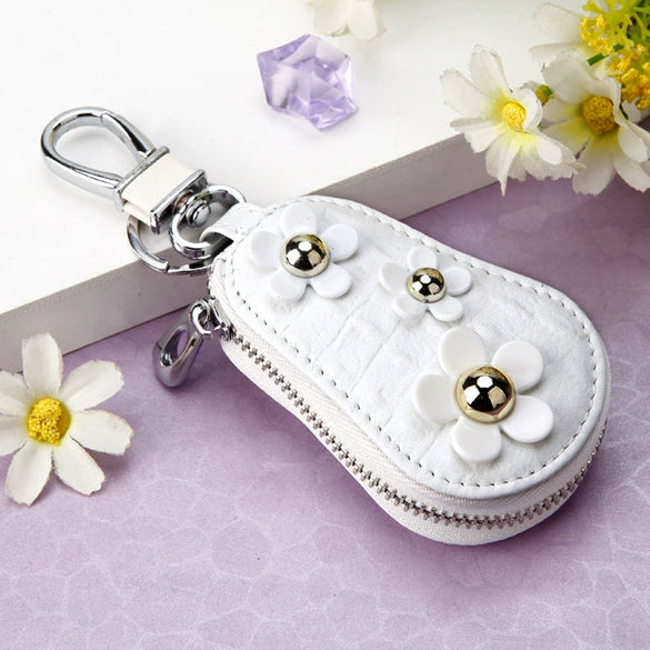 Genuine Leather Cute Cartoon Cat Keychain For Ladies With Solid Color Design