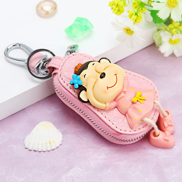 Genuine Leather Cute Cartoon Cat Keychain For Ladies With Solid Color Design