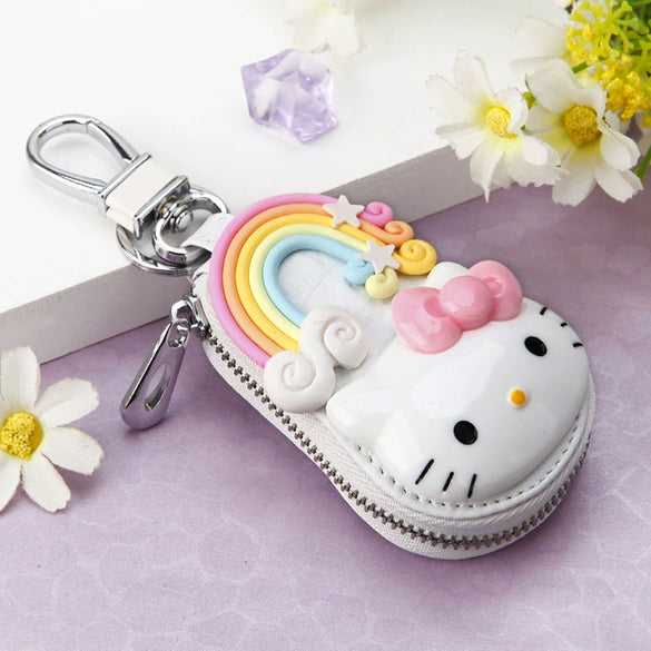 Genuine Leather Cute Cartoon Cat Keychain For Ladies With Solid Color Design