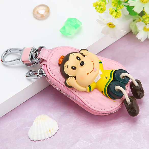 Genuine Leather Cute Cartoon Cat Keychain For Ladies With Solid Color Design