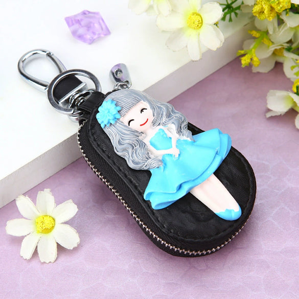 Genuine Leather Cute Cartoon Cat Keychain For Ladies With Solid Color Design