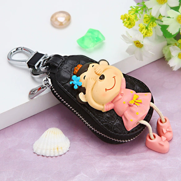 Genuine Leather Cute Cartoon Cat Keychain For Ladies With Solid Color Design