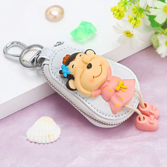 Genuine Leather Cute Cartoon Cat Keychain For Ladies With Solid Color Design
