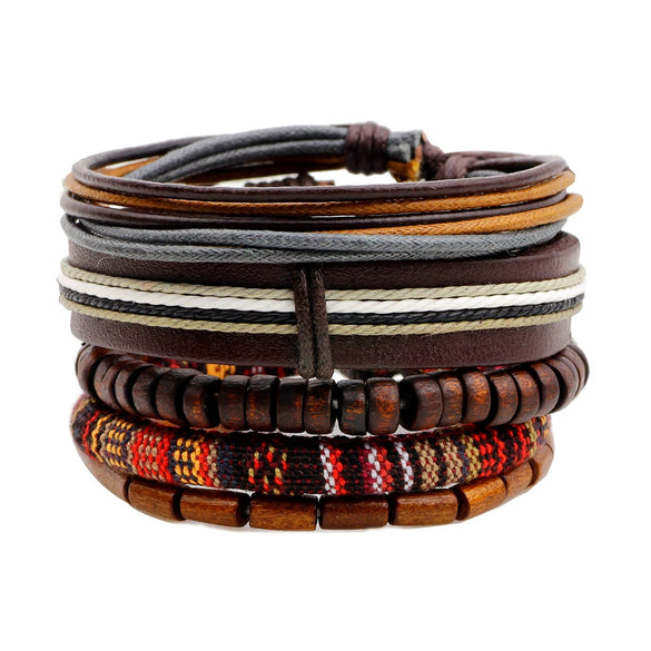 Genuine Leather Woven Beaded Bracelet Set With Rhombus Pattern Fashion Style Unisex