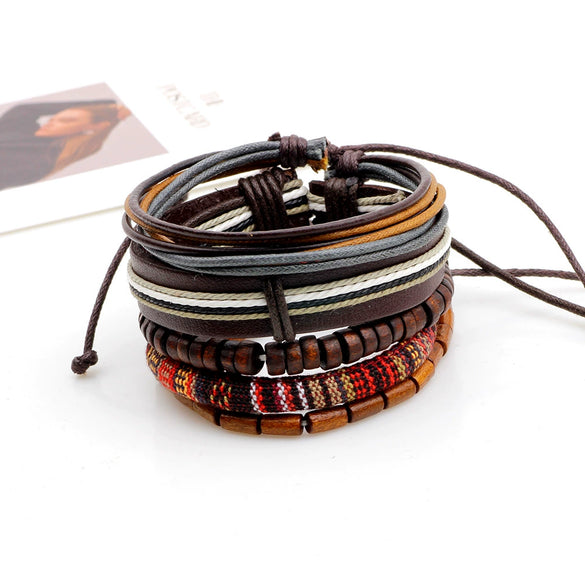 Genuine Leather Woven Beaded Bracelet Set With Rhombus Pattern Fashion Style Unisex