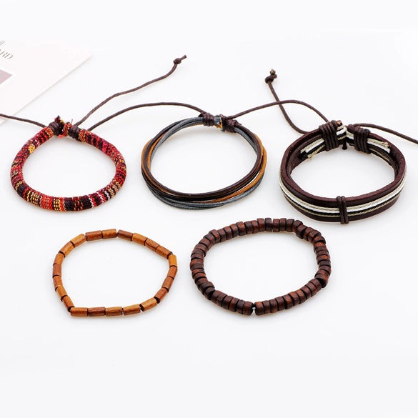 Genuine Leather Woven Beaded Bracelet Set With Rhombus Pattern Fashion Style Unisex