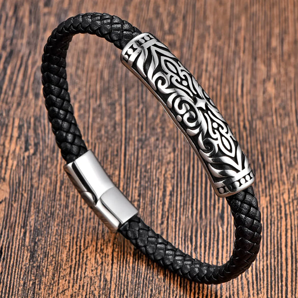 Geometric 316L Stainless Steel  Leather Men'S Bracelets Men Cord & Leather Bracelets