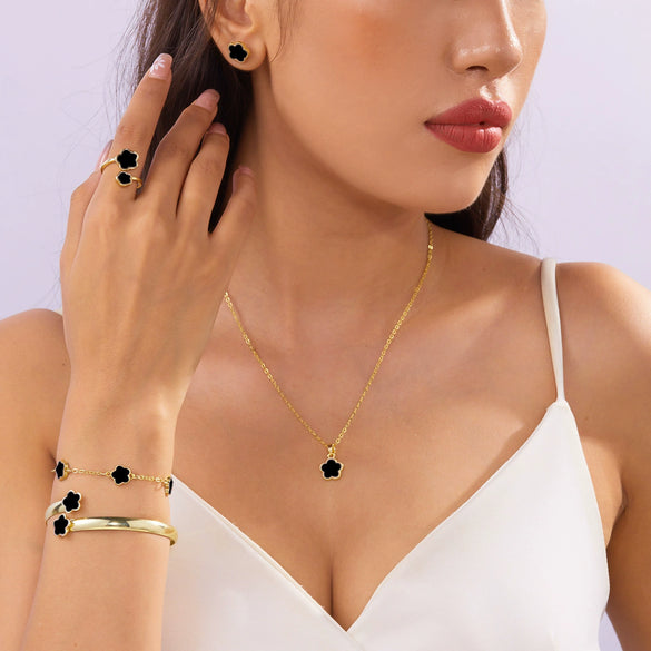 Geometric Alloy Jewelry Set With Silver Or Gold Plated Finish Necklace Bracelet Bangle Earrings And Ring For Women