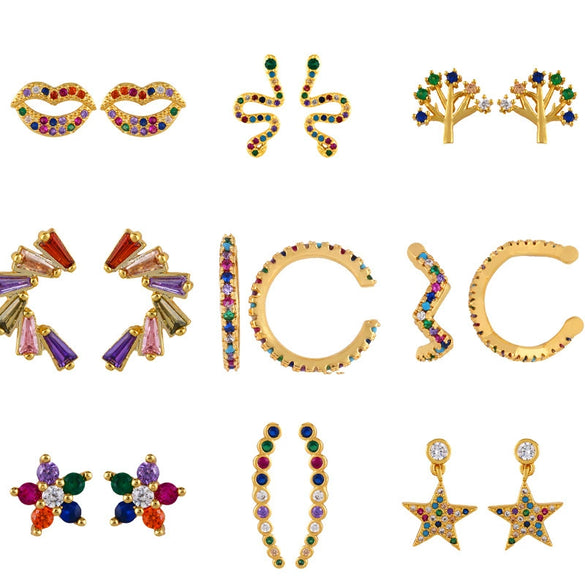 Geometric And Small Heart Stud Earrings For Women Made Of Copper With Electroplating Treatment