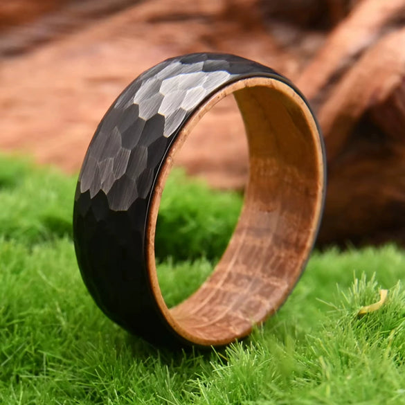 Geometric Barrelshaped Tungsten Steel And Wood Ring With Goldplated Finish Unisex Light Luxury Jewelry