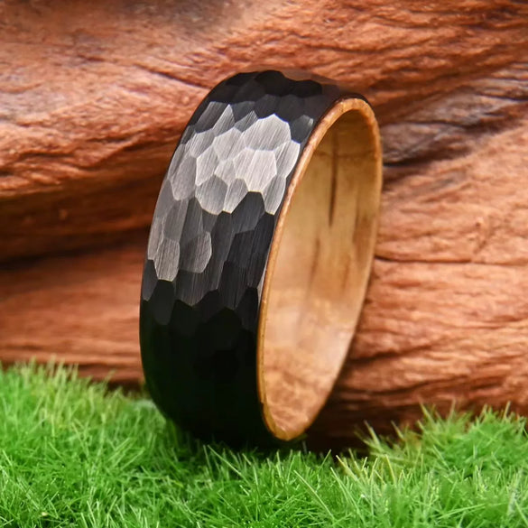 Geometric Barrelshaped Tungsten Steel And Wood Ring With Goldplated Finish Unisex Light Luxury Jewelry
