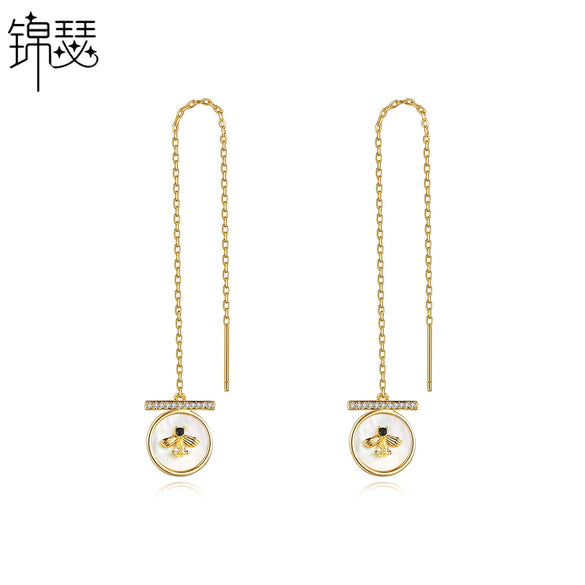 Geometric Bee Motif Copper Drop Earrings With Long Tassel Design Simple Fashion Statement Jewelry