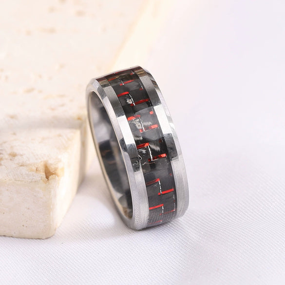 Geometric Beveled Tungsten Steel Ring With Carbon Fiber Inlay And Electroplated Finish Unisex Couple Jewelry Wholesale