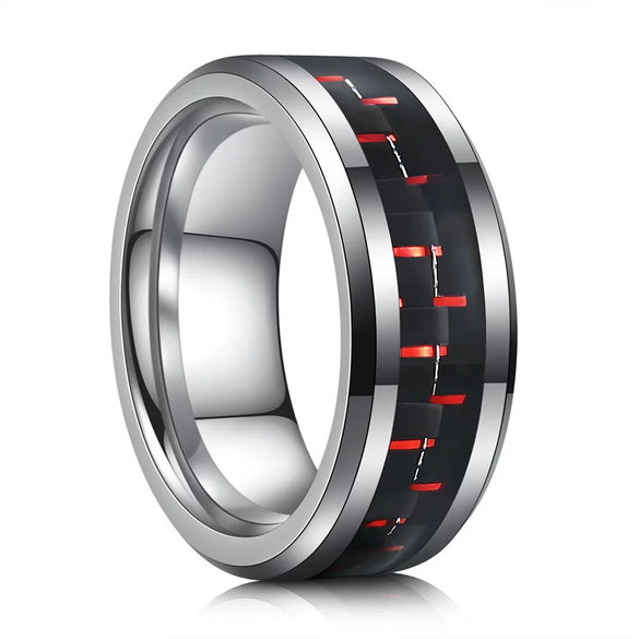 Geometric Beveled Tungsten Steel Ring With Carbon Fiber Inlay And Electroplated Finish Unisex Couple Jewelry Wholesale