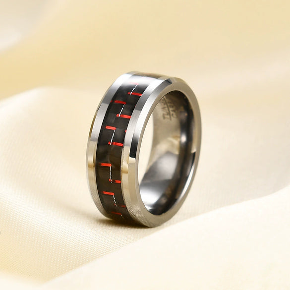 Geometric Beveled Tungsten Steel Ring With Carbon Fiber Inlay And Electroplated Finish Unisex Couple Jewelry Wholesale