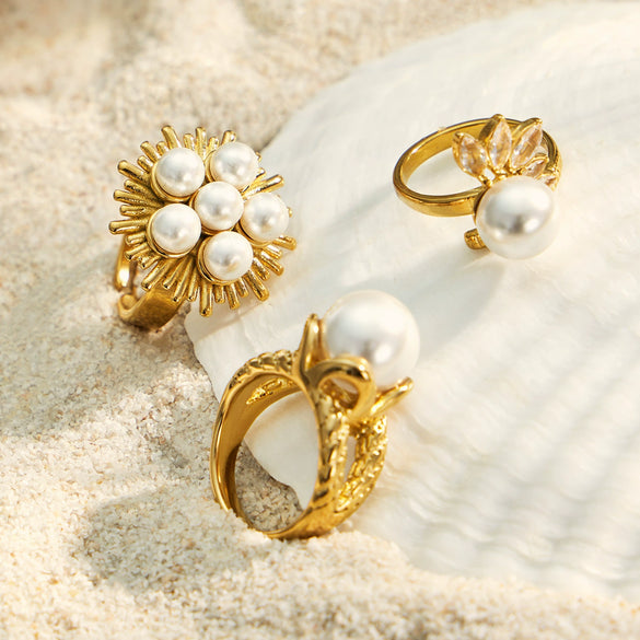 Geometric Chic Ring With Imitation Pearls And Zircon 316L Stainless Steel Electroplated Gold Fashion Jewelry
