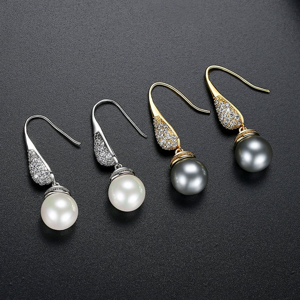 Geometric Copper Ear Hook Pearl Earrings With Zircon Accents And Shell Bead Details Elegant Jewelry Set