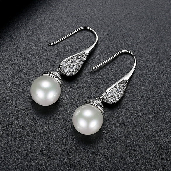 Geometric Copper Ear Hook Pearl Earrings With Zircon Accents And Shell Bead Details Elegant Jewelry Set