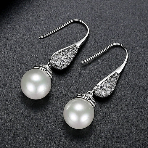 Geometric Copper Ear Hook Pearl Earrings With Zircon Accents And Shell Bead Details Elegant Jewelry Set