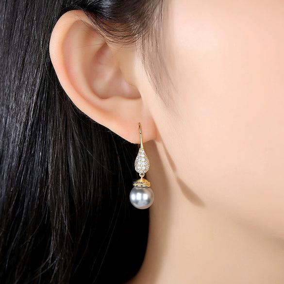 Geometric Copper Ear Hook Pearl Earrings With Zircon Accents And Shell Bead Details Elegant Jewelry Set