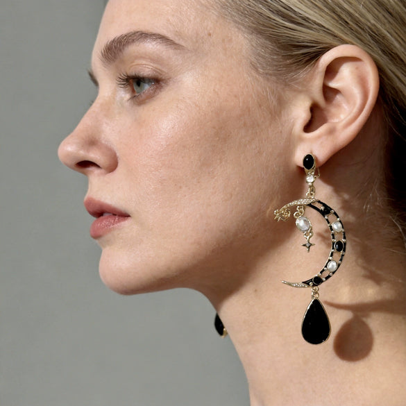 Geometric Crescent Long Drop Earrings With Cat's Eye Stone Retro Alloy Design Ecofriendly Electroplated Finish And Stainless Steel Posts For Women
